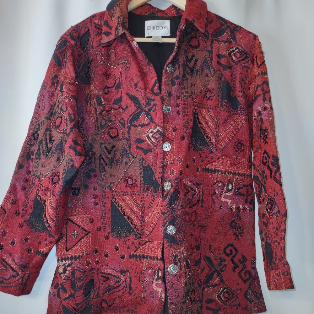 Chico's Embroidered Red/Black Jacket Lined - Size 2